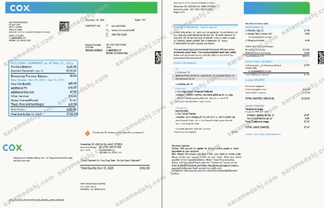 USA Cox utility bill template in Word and PDF formats, 4 pages, 1-2 pages